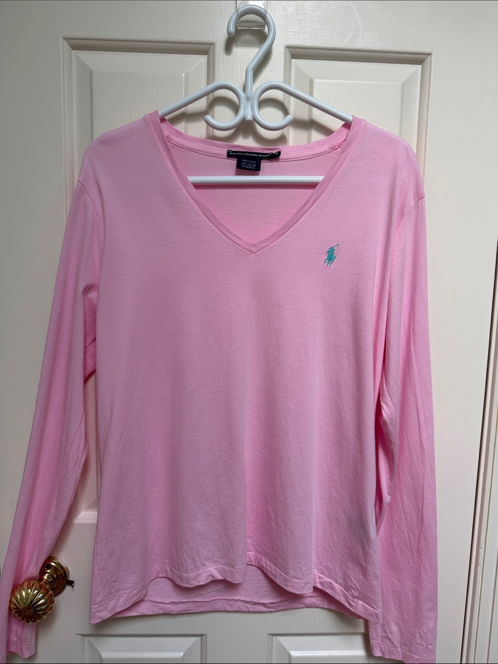 Ralph Lauren Sport sz XL 100% Cotton pink long sleeve top v neck blue pony